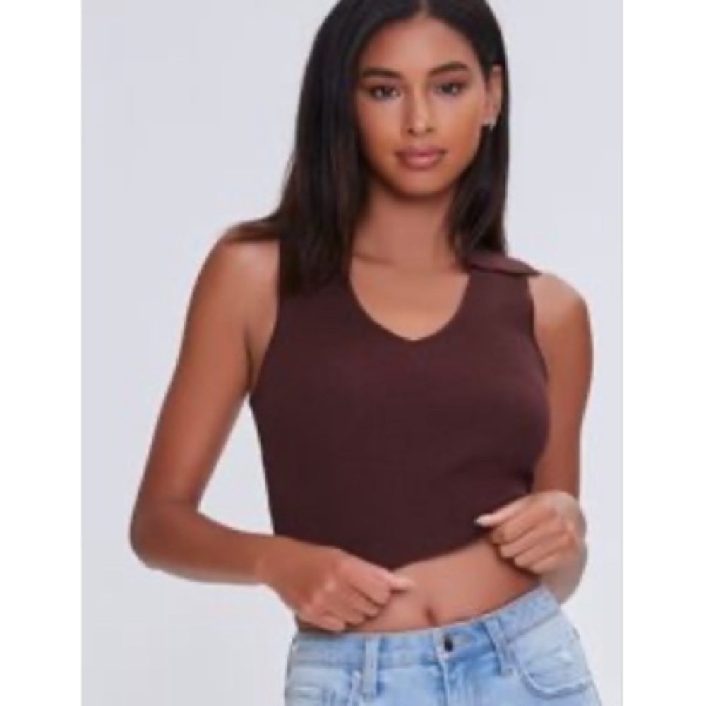 Collared Crop Top in Brown Size Medium